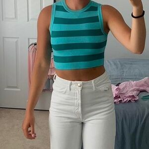Zara Striped Blue and Green Sleeveless Crop Top Tank in Medium